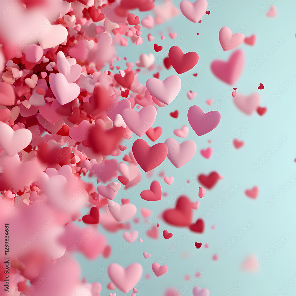 Valentine's Day background with pink hearts flying in the air, confetti on light pastel colored background. Valentine's day banner template design. Valentine's Day background with pink hearts flying in the air, confetti on light pastel colored background. Valentine's day banner template design.