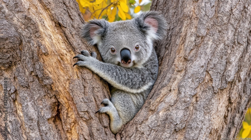 Adorable koala clinging to a tree trunk.