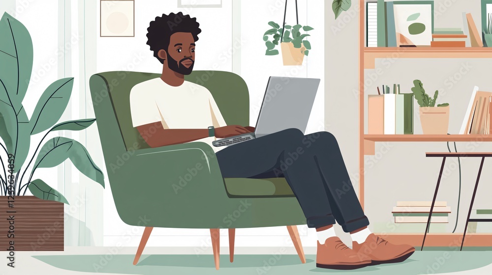 Vector Illustration Of Young Black Man Working At Desk On Computer Writing On Notebook Surrounded By Plants Vector Illustration Of Young Black Man Working At Desk On Computer Writing On Notebook Surrounded By Plants