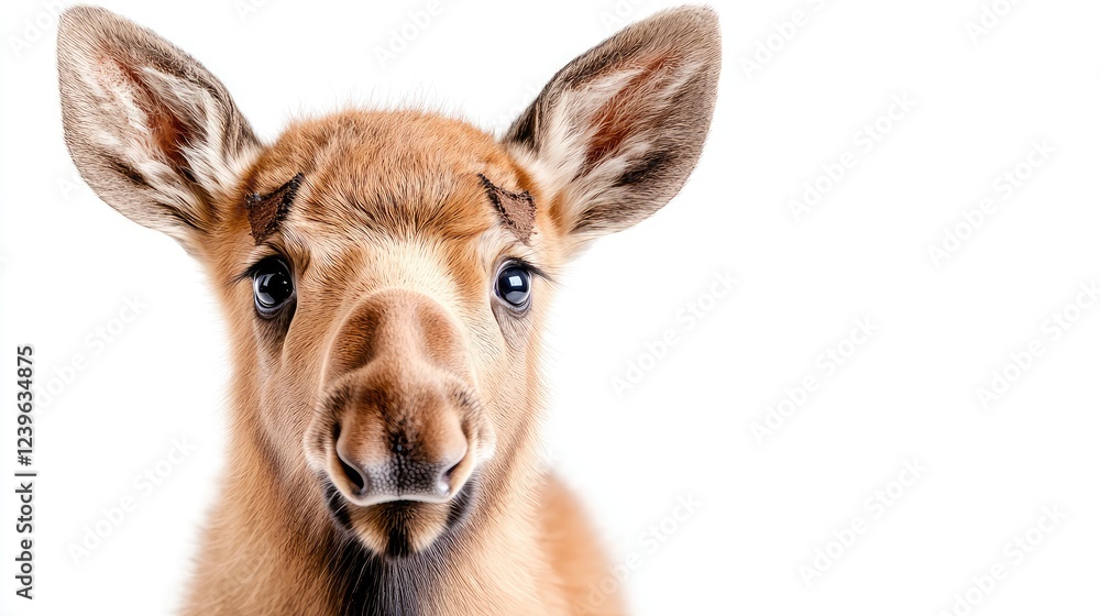 Adorable moose calf portrait, isolated on white, wildlife photography, perfect for nature publications Adorable moose calf portrait, isolated on white, wildlife photography, perfect for nature publications