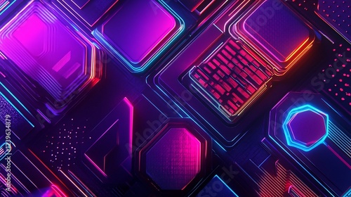 Abstract futuristic glowing geometric shapes on dark surface with neon lines