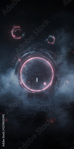 Futuristic neon ring portal floating in a dark stormy sky with glowing red accents. Sci-fi landscape with mysterious circular gateway amid dramatic clouds.