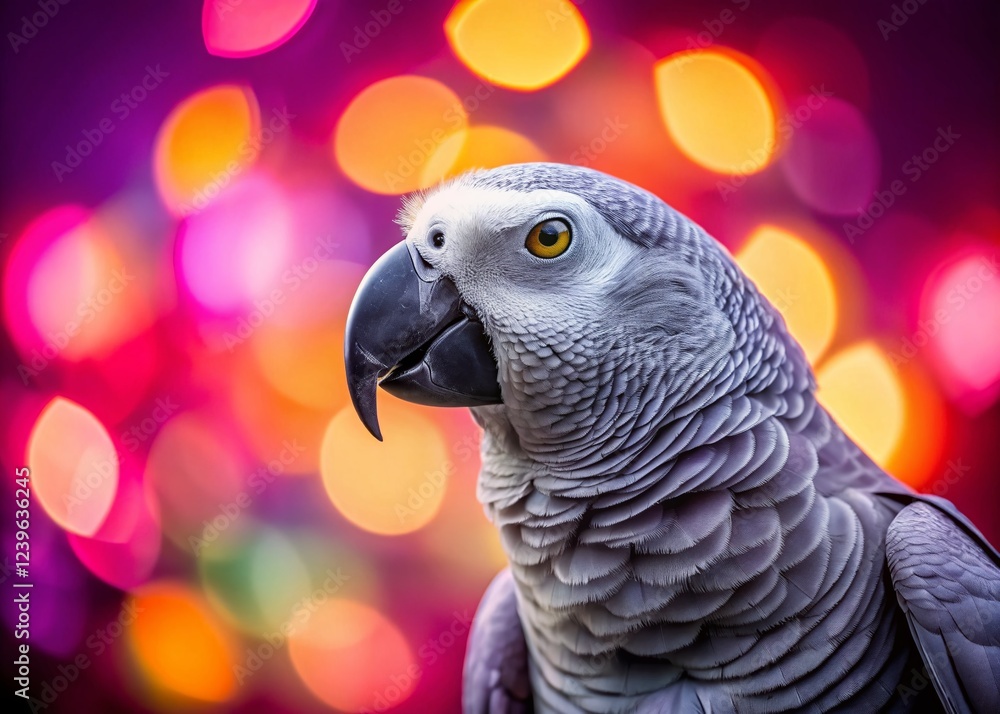 Fototapeta premium Cool Grey Parrot in Sunglasses, Pink Bokeh Background - Stock Photo