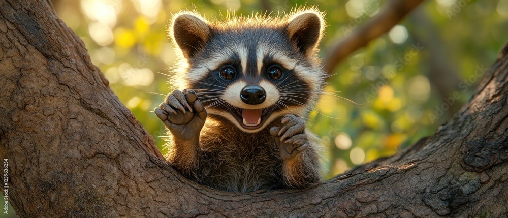 Playful raccoon perched on a tree branch in sunlight Playful raccoon perched on a tree branch in sunlight