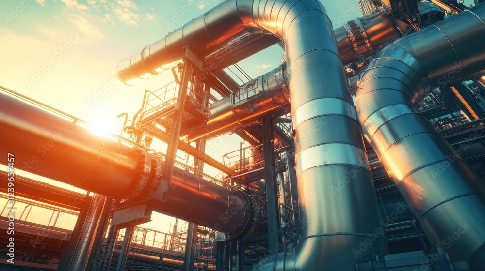 A detailed industrial pipeline system with bold technical features and striking colors, set in a high-tech environment under a sunny sky, symbolizing innovation. A detailed industrial pipeline system with bold technical features and striking colors, set in a high-tech environment under a sunny sky, symbolizing innovation.