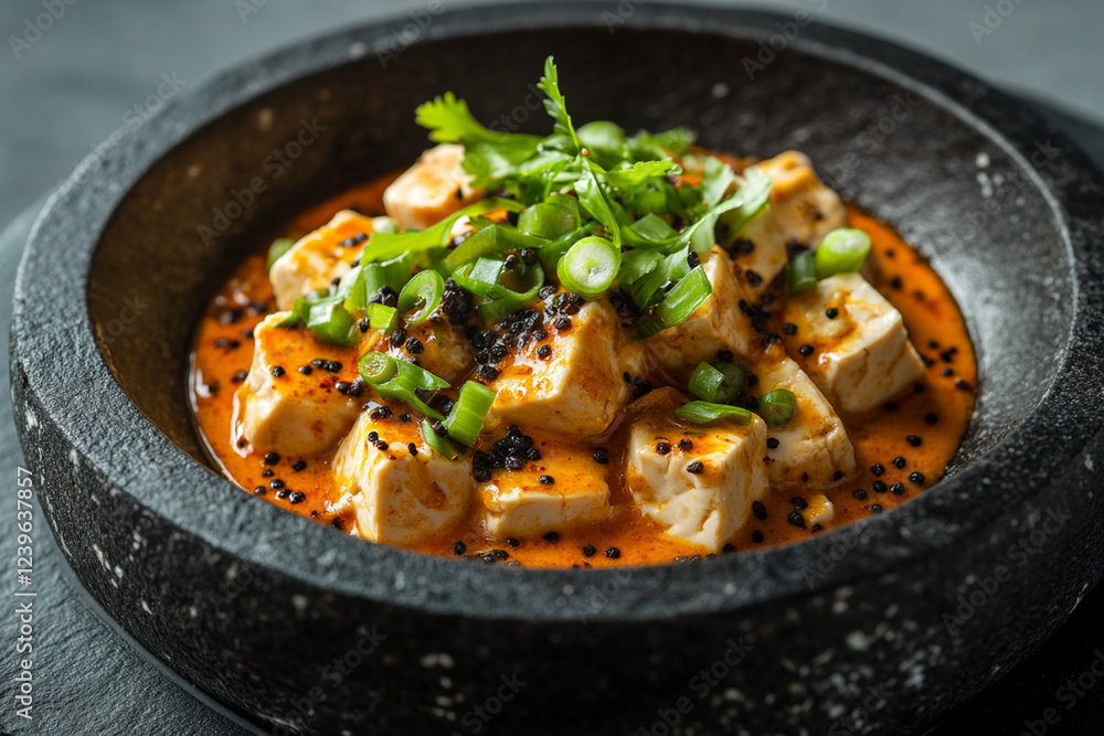 Delicious spicy tofu dish with green onions and cilantro served in a traditional stone bowl Delicious spicy tofu dish with green onions and cilantro served in a traditional stone bowl