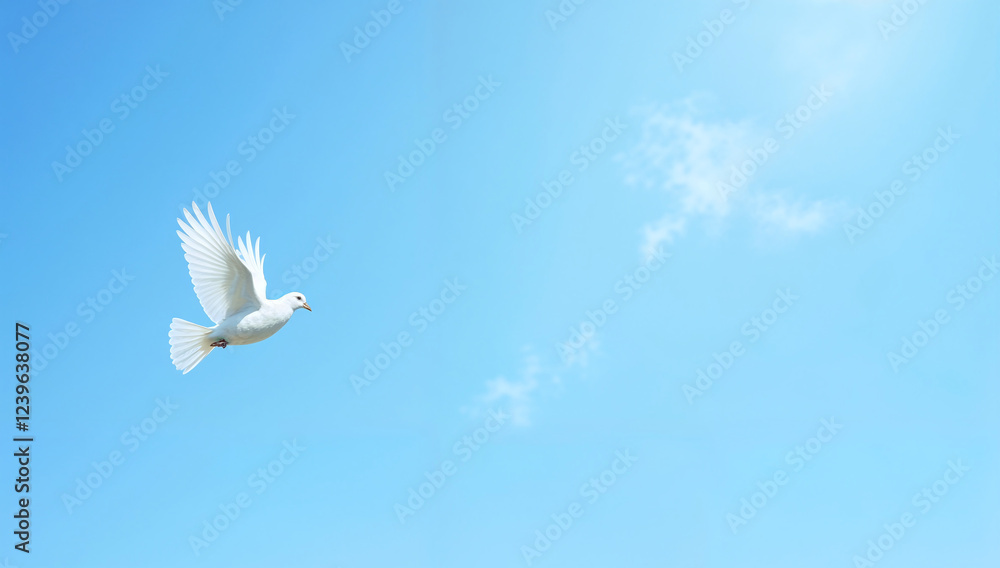 Fototapeta premium White dove flying in a clear blue sky, symbolizing the Holy Spirit and peace