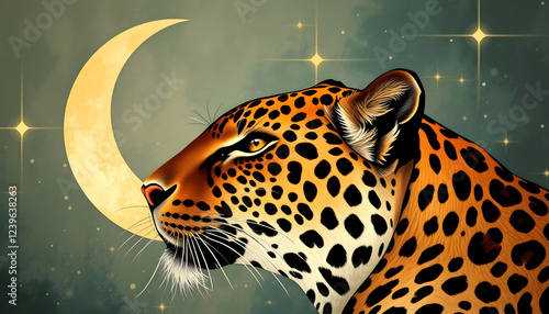 Leopard and Crescent Moon, Night Sky Wildlife photo