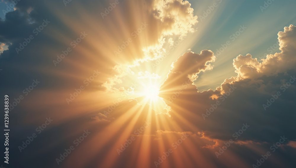 Fototapeta premium Sunlight breaking through clouds in a dramatic sky, symbolizing divine presence and blessings