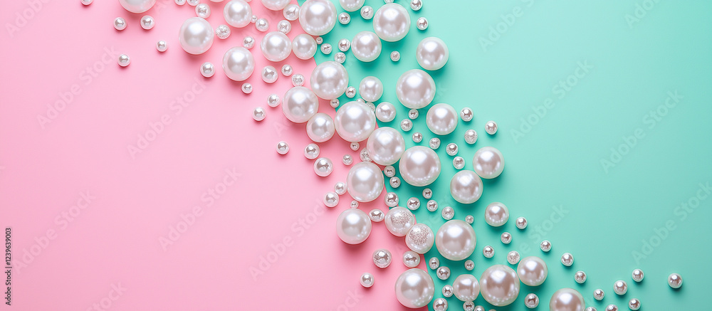 Delicate cascading pearls set against a soft pastel green and pink background, creating a minimalistic and elegant composition with high resolution and intricate details. Delicate cascading pearls set against a soft pastel green and pink background, creating a minimalistic and elegant composition with high resolution and intricate details.