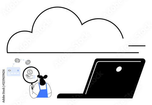 Business person managing a magnified credit card and dollar symbol beside a large laptop and cloud graphic. Ideal for online business, cloud storage, digital payments, e-commerce, data management