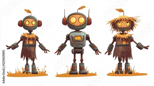 Futuristic Cyborg with Scarecrow Buddies in an Autumnal Setting: A Blend of Technology and Nature