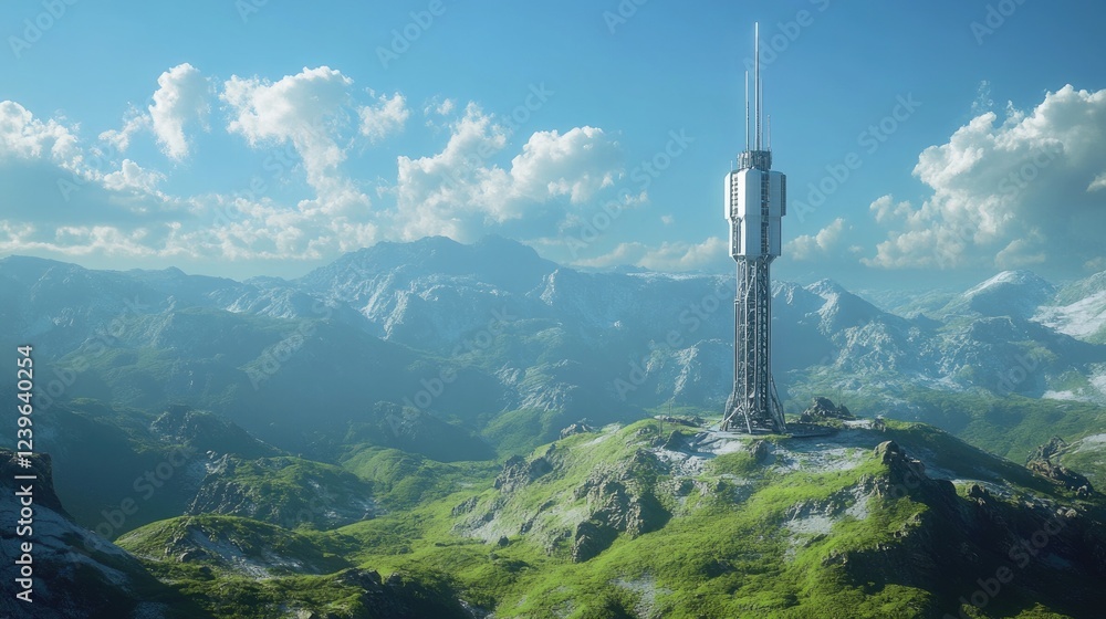 Obraz premium A futuristic telecom tower set in the center of a green valley, under a crisp blue sky, representing the fusion of high-tech innovation and natural landscapes.