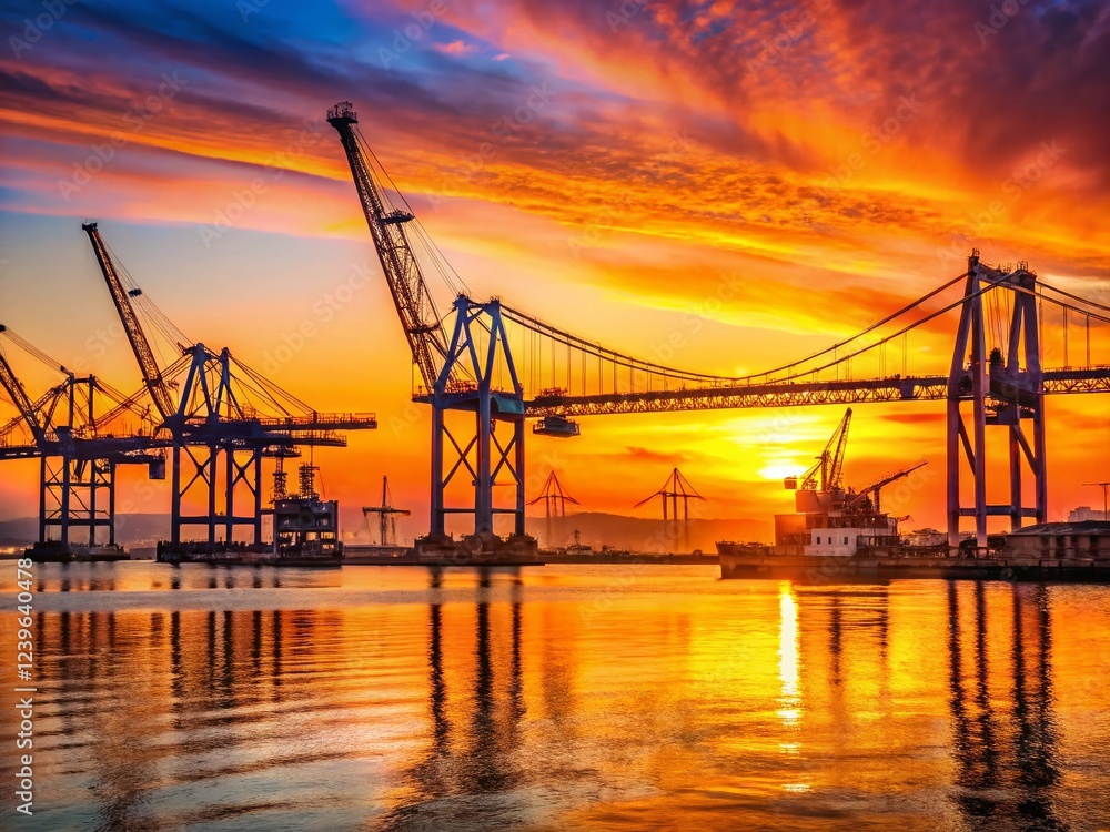 Cranes and 25 April Bridge in Lisbon Port Silhouette Cranes and 25 April Bridge in Lisbon Port Silhouette