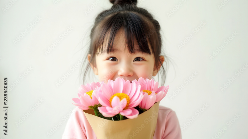 Cute child with pink flowers for mothers day Cute child with pink flowers for mothers day