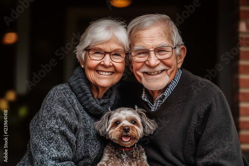 An elderly couple sitting with their small dog resting at their feet, serene and nostalgic lighting. National Pet Day.