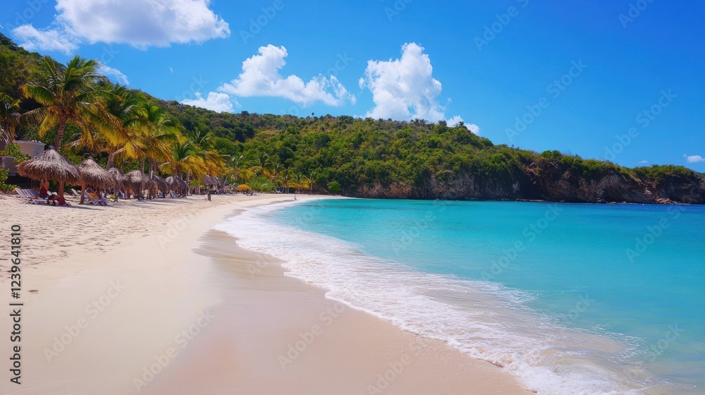 A Tropical Beach Paradise with Palm Trees and Turquoise Waters on a sunny day