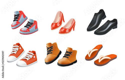 Various Shoes icons collection 3D illustration. Boots, sport shoes, sneaker, hiking footwear and other shoes for training 3D. Men's and women's footwear. 3D Vector illustration. All elements isolated