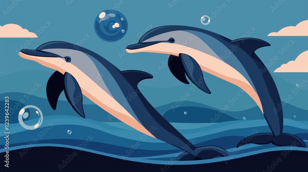 Fototapeta premium Playful Dolphins Swimming Together in an Artistic Ocean Scene