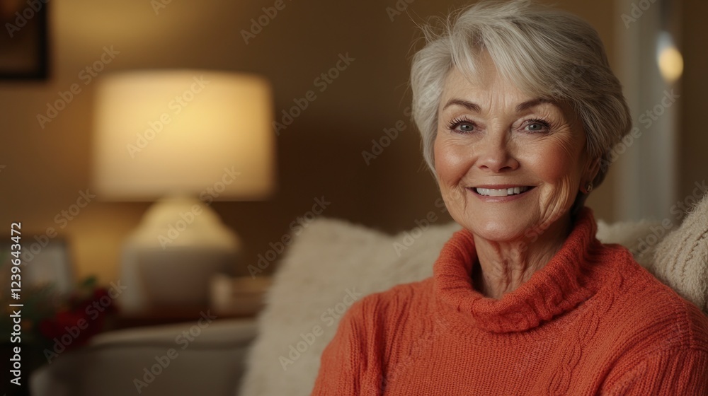 Senior Woman Smiling Happily at Home in Cozy Living Room Environment with Warm Lighting and Comfortable Atmosphere Senior Woman Smiling Happily at Home in Cozy Living Room Environment with Warm Lighting and Comfortable Atmosphere