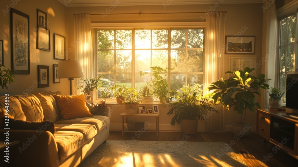 Fototapeta premium Serenity in Sunlit Living Room with Cozy Sofa and Abundant Greenery for a Warm and Inviting Home Environment