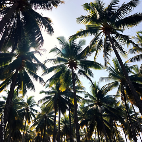 Tall palm trees sway gently in warm sunlight, leaves rustling softly, , gentle breeze photo