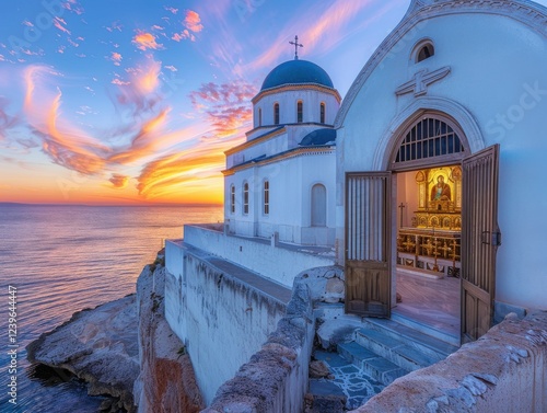 Greek Orthodox church cliffside.  Whitewashed walls, azure dome gleam at sunset.  Golden iconostasis shines through open doors. Mediterranean magic. photo