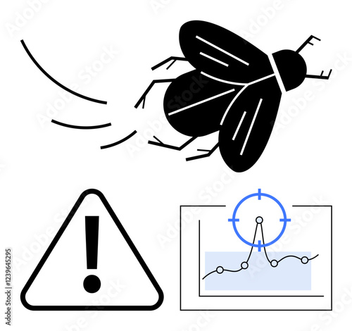 Flying insect with motion lines, warning symbol, and analytics display with a crosshair on data. Ideal for pest control, data tracking, troubleshooting, risk management, software debugging