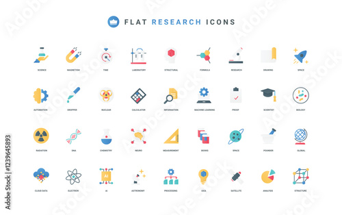 Science research, AI automation and equipment in scientific laboratory color icon set. Analysis and structure, medical and chemical study of scientist, engineering flat elements vector illustration