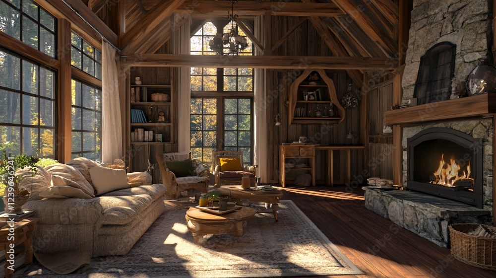 Fototapeta premium Cozy rustic cabin interior with fireplace and large windows overlooking fall forest