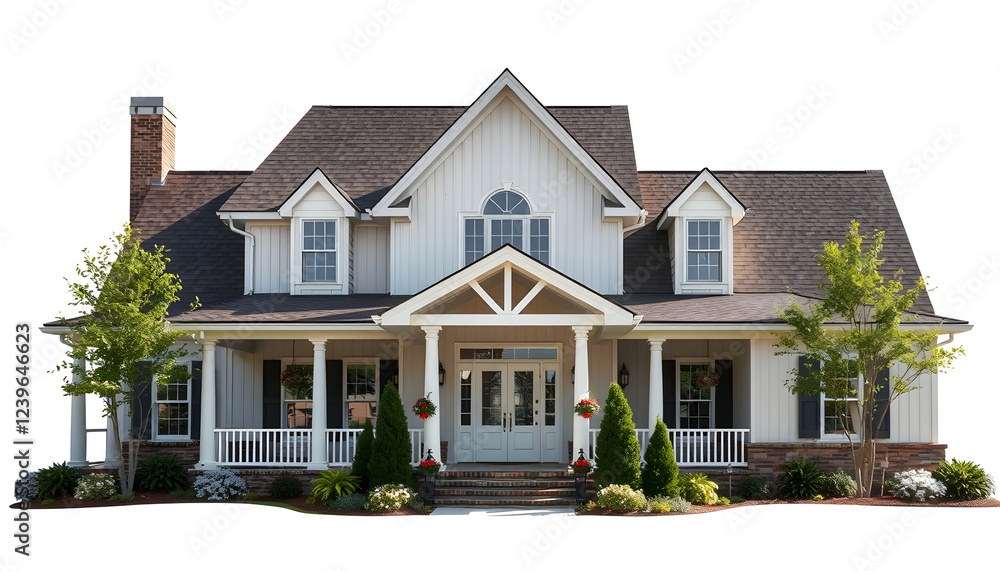 Front exterior of a large country style home , with white tonespng Front exterior of a large country style home , with white tonespng