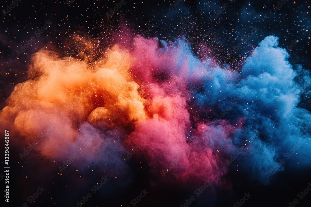 Colorful smoke cloud with shimmering particles in dark space Colorful smoke cloud with shimmering particles in dark space