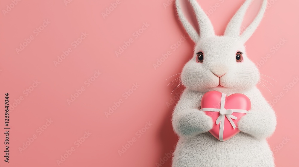 Obraz premium Cute Bunny Holding Heart-Shaped Gift on Pink Background