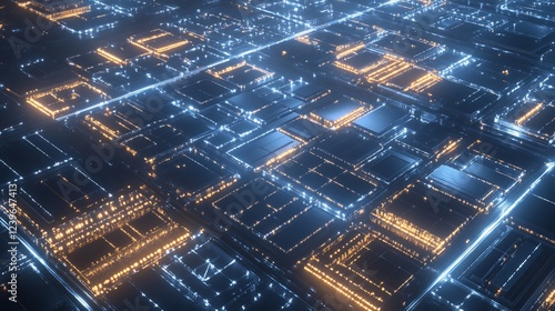 Futuristic digital network with glowing pathways and circuit board elements