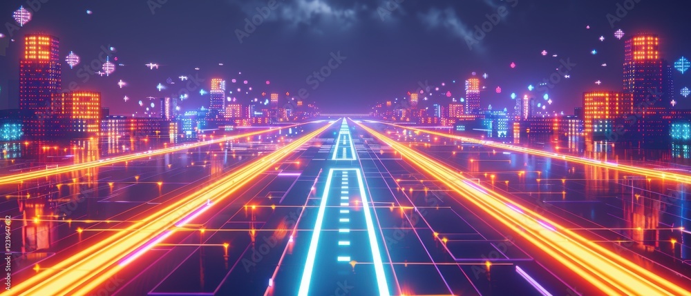 Neon-lit pixel city skyline. Futuristic runway glows with vibrant energy. Cyberpunk architecture and realistic details blend in a digital dreamscape. Pixelated buildings frame the glowing path. Neon-lit pixel city skyline. Futuristic runway glows with vibrant energy. Cyberpunk architecture and realistic details blend in a digital dreamscape. Pixelated buildings frame the glowing path.