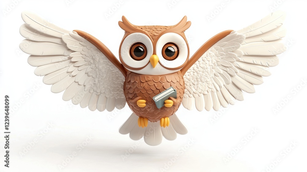 Obraz premium Cute Cartoon Owl with Open Wings and Book in Hands, Flying Joyfully