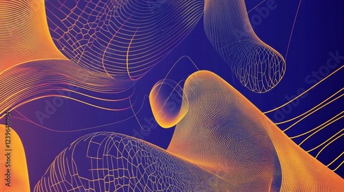 Abstract flowing geometric golden lines on a deep blue gradient background