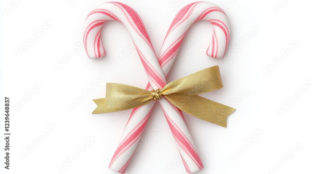 Festive Christmas Candy Canes Decorated with a Gold Ribbon Bow Festive Christmas Candy Canes Decorated with a Gold Ribbon Bow