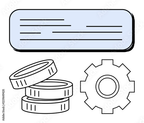 Stacked coins, gear, and text block represent financial planning, investment, governance, business strategy, operations, automation and systems development. Ideal for fintech economy