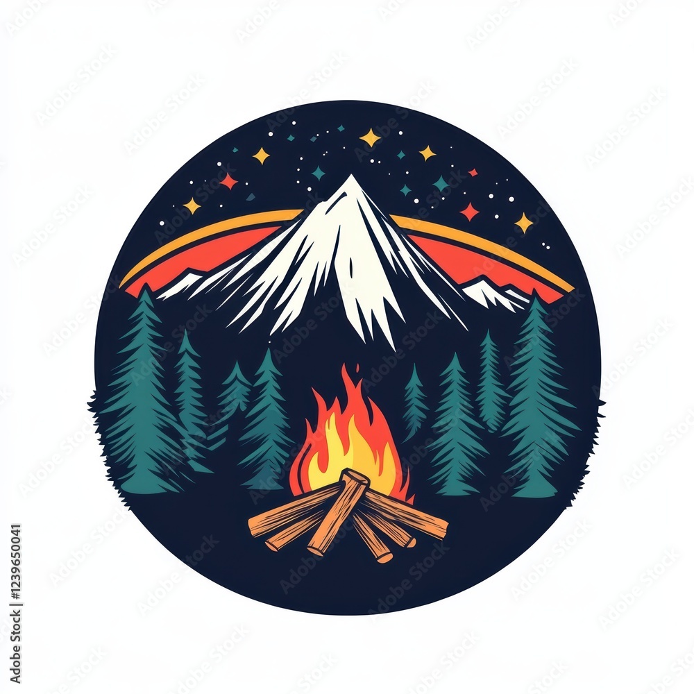 Logo of a tent and campfire with a mountain in the background, in a vector illustration style Logo of a tent and campfire with a mountain in the background, in a vector illustration style
