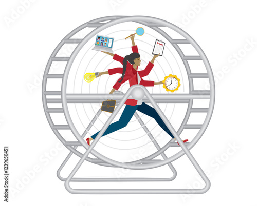 Multitasking woman running in hamster wheel. Streass and demands and risk for burnout. Isolated. Vector illustration.