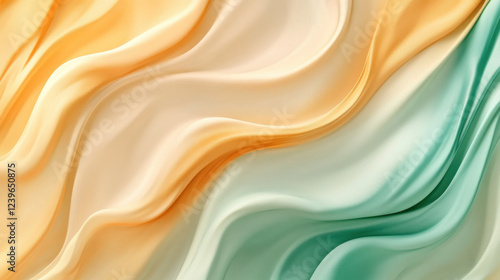 A modern artistic background with a fluid gradient, seamless transition from muted emerald green to golden sand tones, soft light reflections