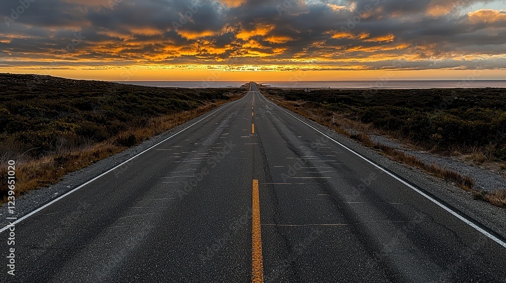 Fototapeta premium Scenic Empty Road Under Dramatic Sunset Sky over Coastal Landscape