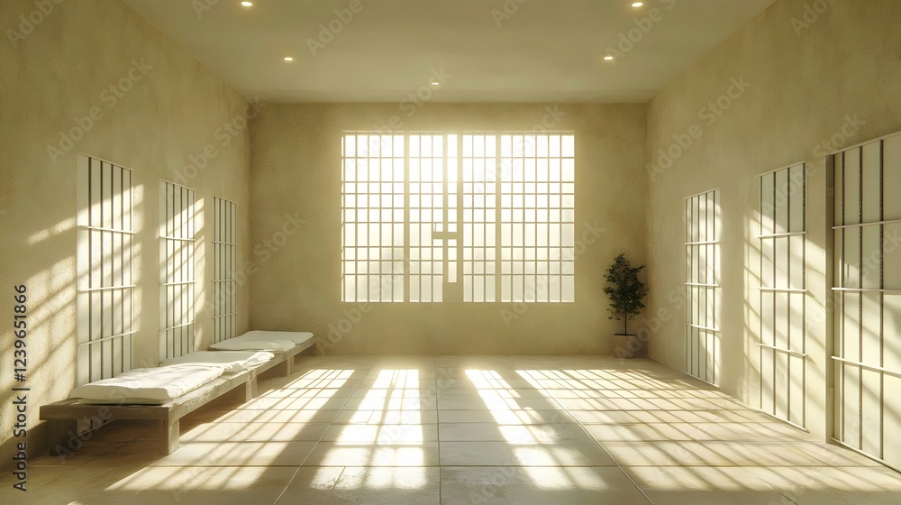 Fototapeta premium A large room with a window and a potted plant