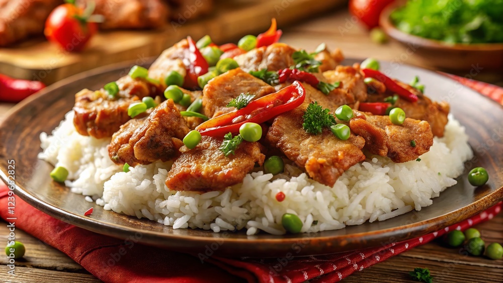Delicious Fried Pork with Garlic Pepper Rice - Tilt-Shift Photo Delicious Fried Pork with Garlic Pepper Rice - Tilt-Shift Photo