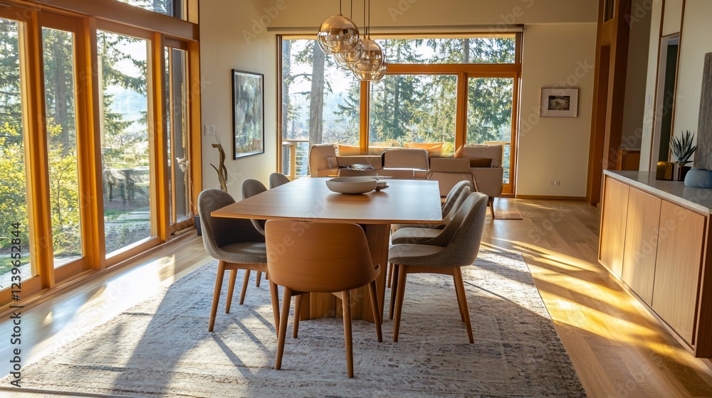 Fototapeta premium Sunlit Modern Dining Room with Forest Views and Elegant Furnishings