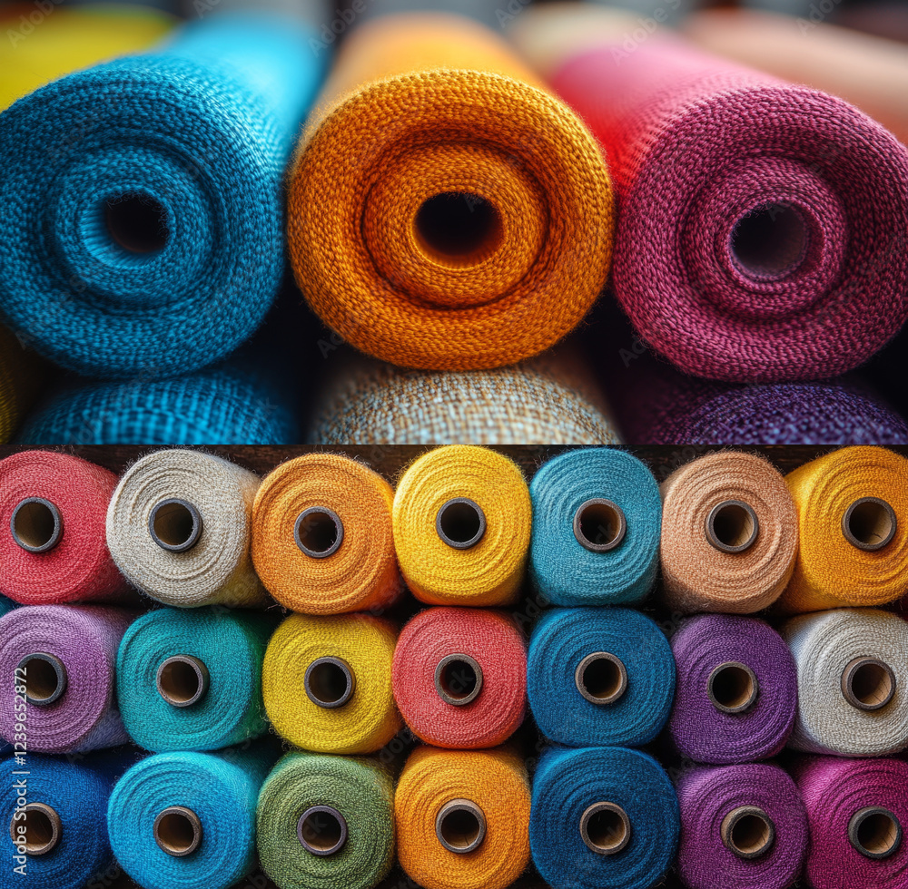 Colorful Rolls of Fabric in Various Hues Colorful Rolls of Fabric in Various Hues
