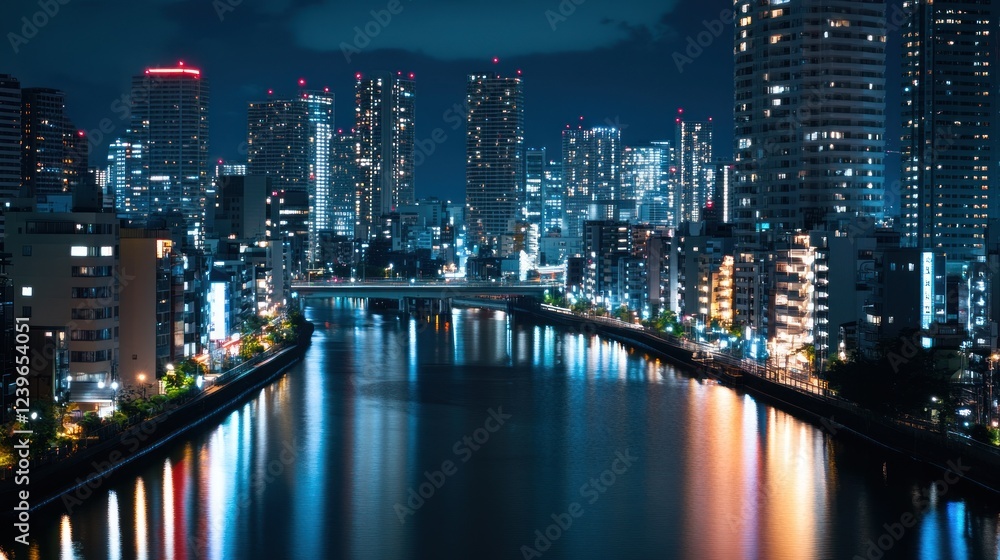 Nighttime cityscape with illuminated skyscrapers reflecting in a calm river below
