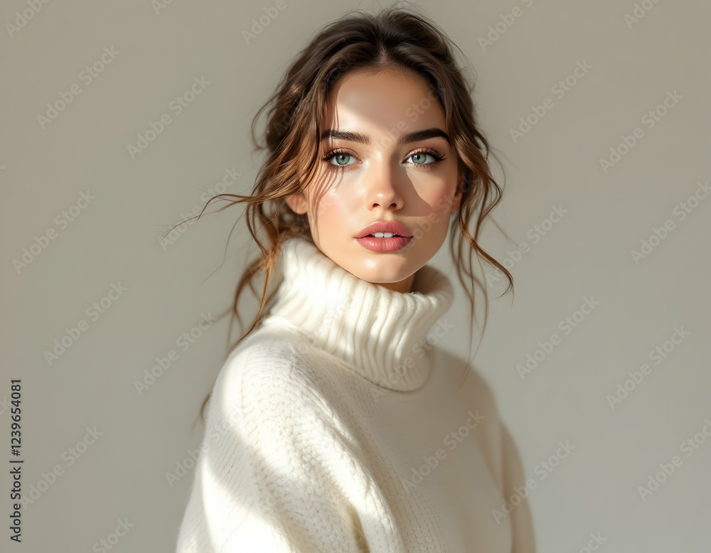 Embrace elegance and simplicity with this stunning AI-generated image of a woman in a white sweater against a white background. The clean aesthetic enhances the cozy, minimalist feel, making it ideal Embrace elegance and simplicity with this stunning AI-generated image of a woman in a white sweater against a white background. The clean aesthetic enhances the cozy, minimalist feel, making it ideal