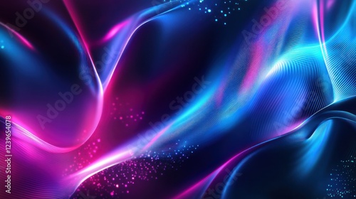 Abstract flowing lines with vibrant blue and pink glow with particles on dark background